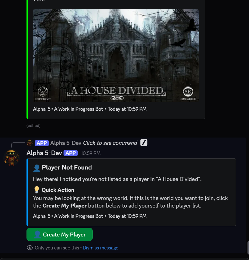 A player running the create-my-player command in Discord
